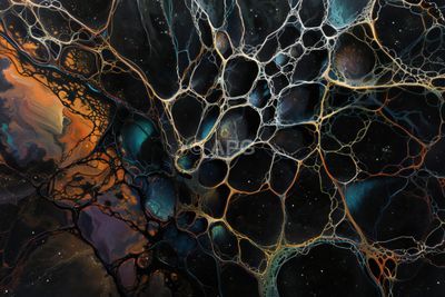 Abstrakte Zellstruktur in Schwarz, Orange und Türkis